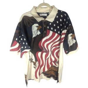 Vintage American Summer Men's Bald Eagle American Flag button up polo shirt XL